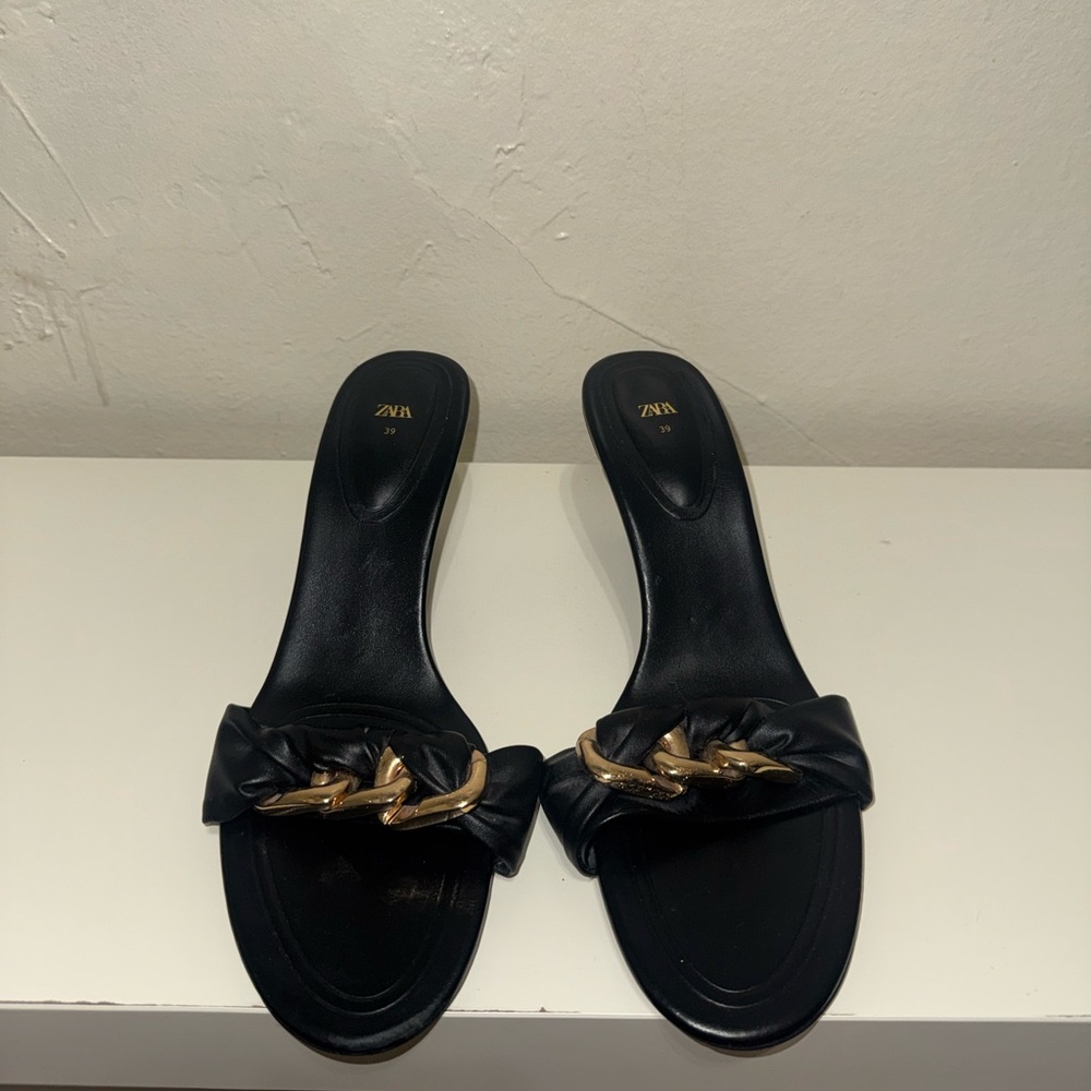 Zara Black Mules with Gold Chain Detail